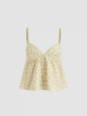 Cotton-blend V-neck Floral Lettuce Trim Ruffle Cami Top