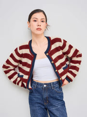 Knit Round Neck Striped Contrasting Binding Pocket Cropped Cardigan