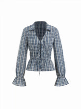 Cotton-blend V-neck Ruffle Sleeve Plaid Tie Front Shirred Blouse