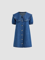 Denim Peter Pan Collar Button Through Smock Puff Sleeve Mini Dress