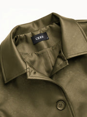 Faux Leather Collar Long Sleeve Button Oversized Shacket