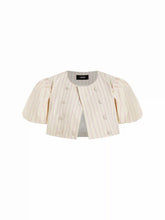 Cotton-blend Striped Puff Sleeve Crop Blouse