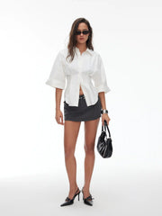 Cotton-blend Ruched Short Sleeve Blouse