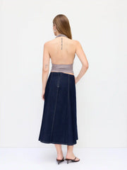Stretch Denim High Rise Washed Pleated A-line Flare Midi Skirt
