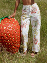 Cotton Mid Rise Fruit Cat Graphic Barrel-leg Trousers