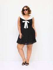 Polka Dot Sailor Collar Bowknot A-line Mini Dress Curve & Plus