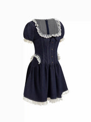 Stretch Denim Lace Trim Puff Sleeve A-line Mini Dress