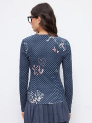 Cotton-blend Polka Dot Round Neckline Graphic Ruched Top