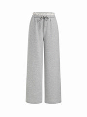 Lace Trim Mid Rise Drawstring Straight Leg Trousers