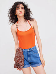 Halter Solid Backless Beaded Bodysuit