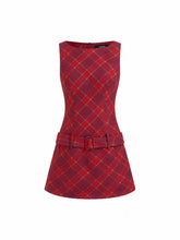 Cotton-blend Round Neckline Tartan Mini Dress With Belt