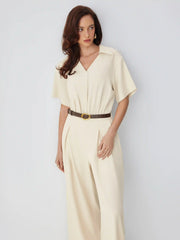 Collar Ruched Pleated High Rise Wide Leg Jumpsuit With Belt