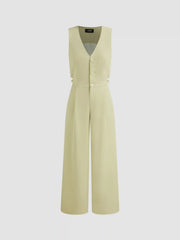 Woven V-neck Solid Pocket Cut Out Vest Jumpsuit