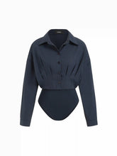 Cotton-blend Collar Ruched Long Sleeve Bodysuit
