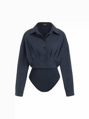 Cotton-blend Collar Ruched Long Sleeve Bodysuit