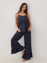 Linen-blend Sweetheart Ruffle Cami Top & Mid Rise Wide Leg Trousers Set