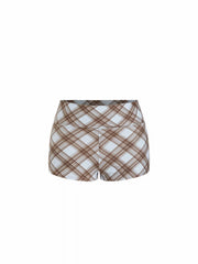 High Stretch Plaid Halter Triangle Top & Mid Rise Bikini Shorts 3 Piece Bikini Set