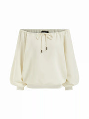 Cotton-blend U-neckline Drawstring Lantern Sleeve Oversized Sweatshirt
