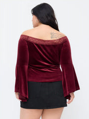 Velvet Off-shoulder Ruched Lace Bell Sleeve Top Curve & Plus