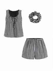 Cotton Gingham Tie Tank Top & Mid Rise Shorts Loungewear Set