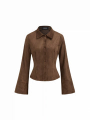 Suede Collar Pleated Bell Sleeve Blouse