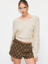 Knit V-neck Long Sleeve Hollow Out Cinched Waist Top