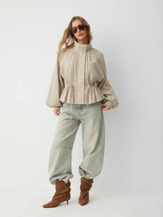 Oversized Stand Collar Drawstring Waist Jacket
