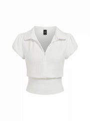 Cotton-blend Polo Neck Puff Sleeve Drawstring Top