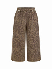 Cotton-blend Mid Rise Leopard Lettuce Trim Wide Leg Trousers Curve & Plus