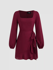 Linen-blend Square Neck Knotted Wrap Mini Dress