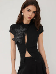 Mesh Stand Collar Sequin Flower See-through Tie Front Top