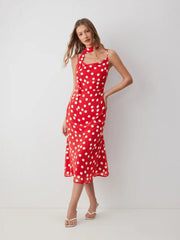 Chiffon Polka Dot Cowl Neck Midi Dress With Scarf