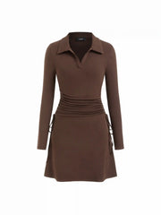 Polo Neck Drawstring Ruched Long Sleeve Mini Dress