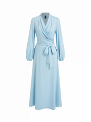Satin V-neck Lantern Sleeve Bowknot Flared Maxi Dress