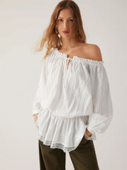 Cotton-blend Off-shoulder Lace Drawstring Puff Sleeve Oversized Blouse