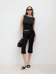 Chiffon Boat Neck Polka Dot Lace Up Tank Top
