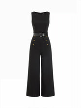Boat Neck Metal Detail Mid Rise Wide Leg Jumpsuit With Belt