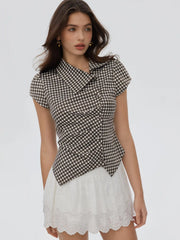 Gingham Puff Sleeve Ruched Asymmetrical Hem Top