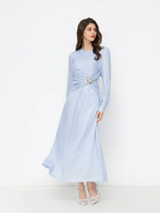 Round Neckline Lantern Long Sleeve Metal Button Ruched Maxi Dress