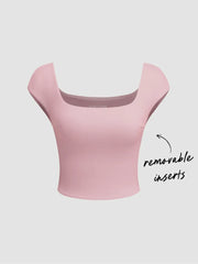 U-neckline Solid Active Short Sleeve Top With Removable Padding