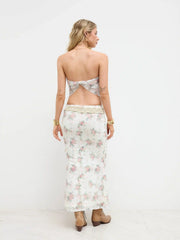 Lace Ditsy Floral Split Knotted Bandeau Top With Mermaid Maxi Skirt Set