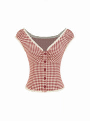 Jacquard Gingham Sweetheart Raglan Sleeve Ruched Top