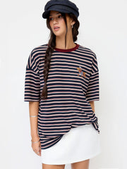 Stripe Dog Graphic Middle Sleeve Oversized Tee