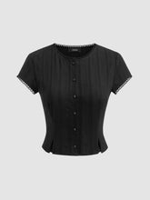 Cotton-blend Round Neckline Solid Button Lace Trim Short Sleeve Top