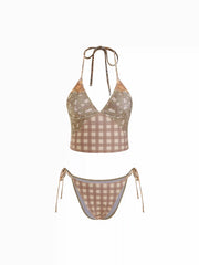 Halter Neckline Floral Gingham Patchwork Bikini Set