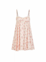 Satin Floral Sweetheart Neck Lace Trim Bowknot Babydoll Mini Dress