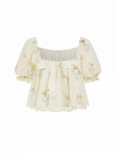 Chiffon Floral Bowknot Square Neck Puff Sleeve Oversized Crop Blouse