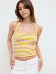 Cotton-blend Halter Neckline Stripe Texture Tank Top