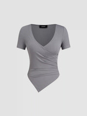 V-neck Ruched Top & Mid Rise Elastic Waist Knotted Straight Leg Trousers