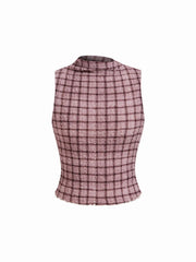 High Stretch Turtleneck Checks Ruched Hem Top